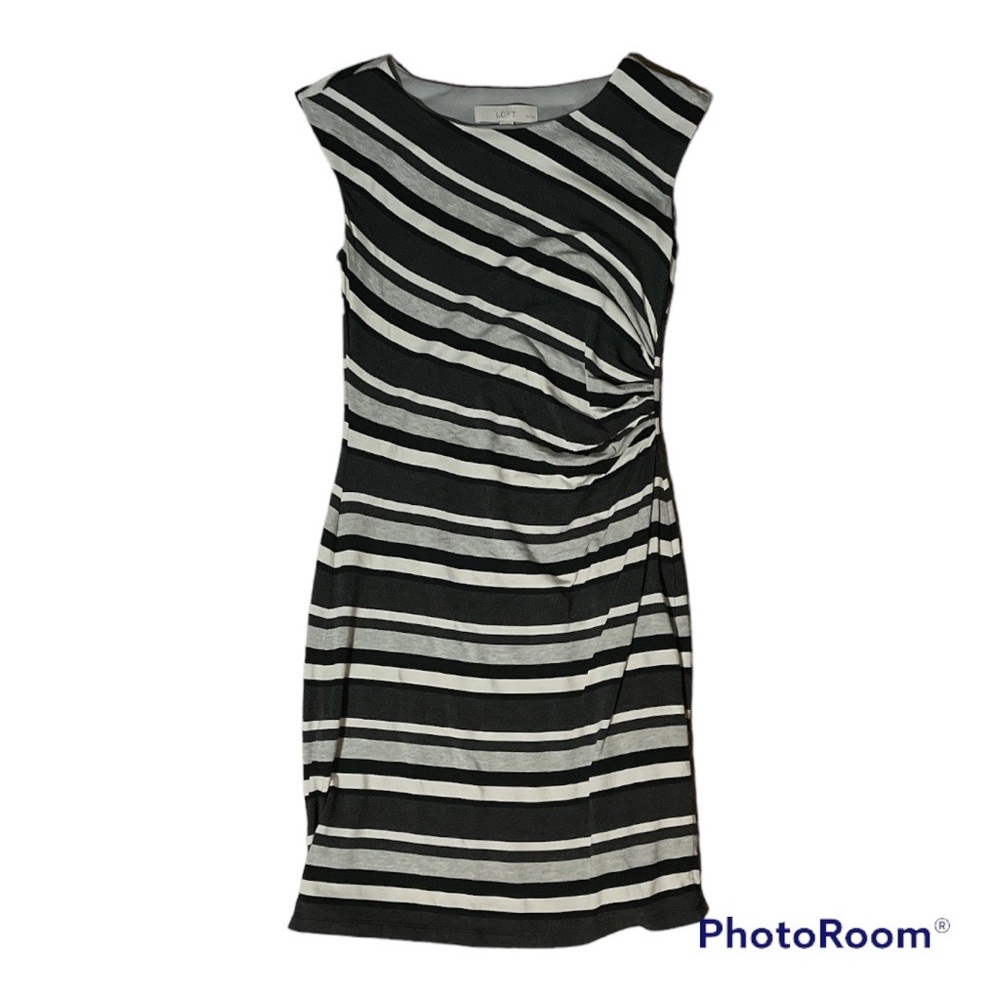 Ann Taylor Loft brand midi dress. Size petite small. Grey, white, black stripes.